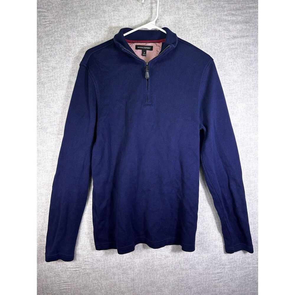 Banana Republic Navy Blue 1/4 Zip Knit Pullover Sweater Men Size Med Elbow Patch